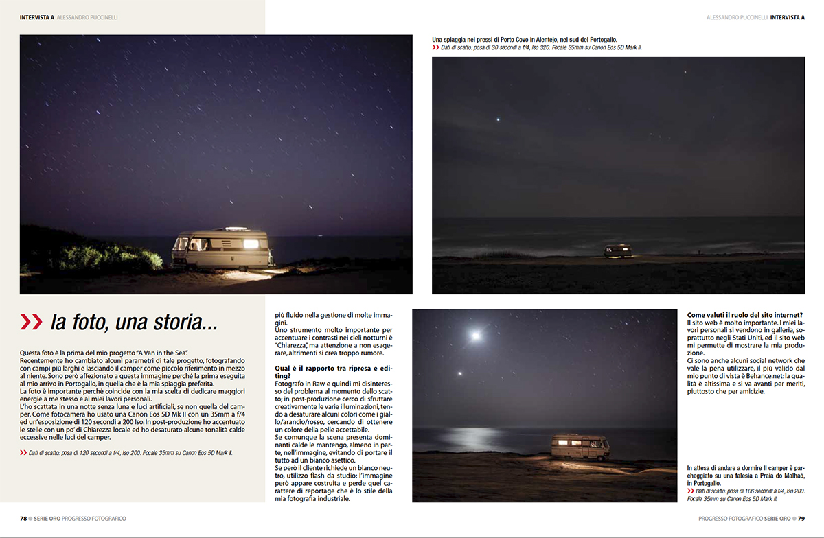 fine art photography of a magazine article about night photography, ocean and life style