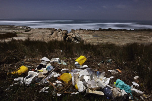 Plastic garbage in the ocean found on a beach in portugal after a big swell