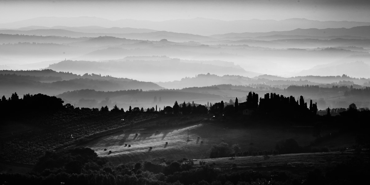 Fine art black and white landscape of Tuscany, near Montaione, Pisa