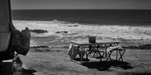 fine art seascape of the atlantic ocean with a picnic table in the foreground, image taken in Praia do Malhào