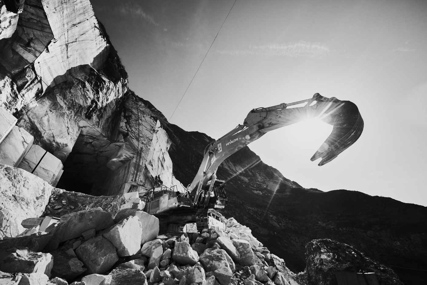 Black and white industrial corporate photography of a marble quarry in Carrara Italy