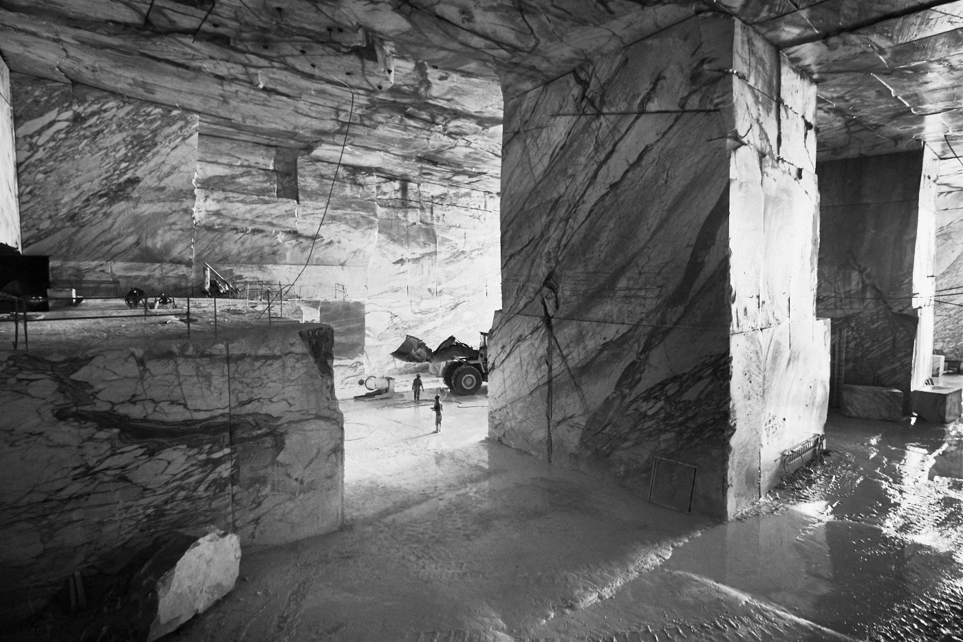 Black and white industrial corporate photography of a marble quarry in Carrara Italy