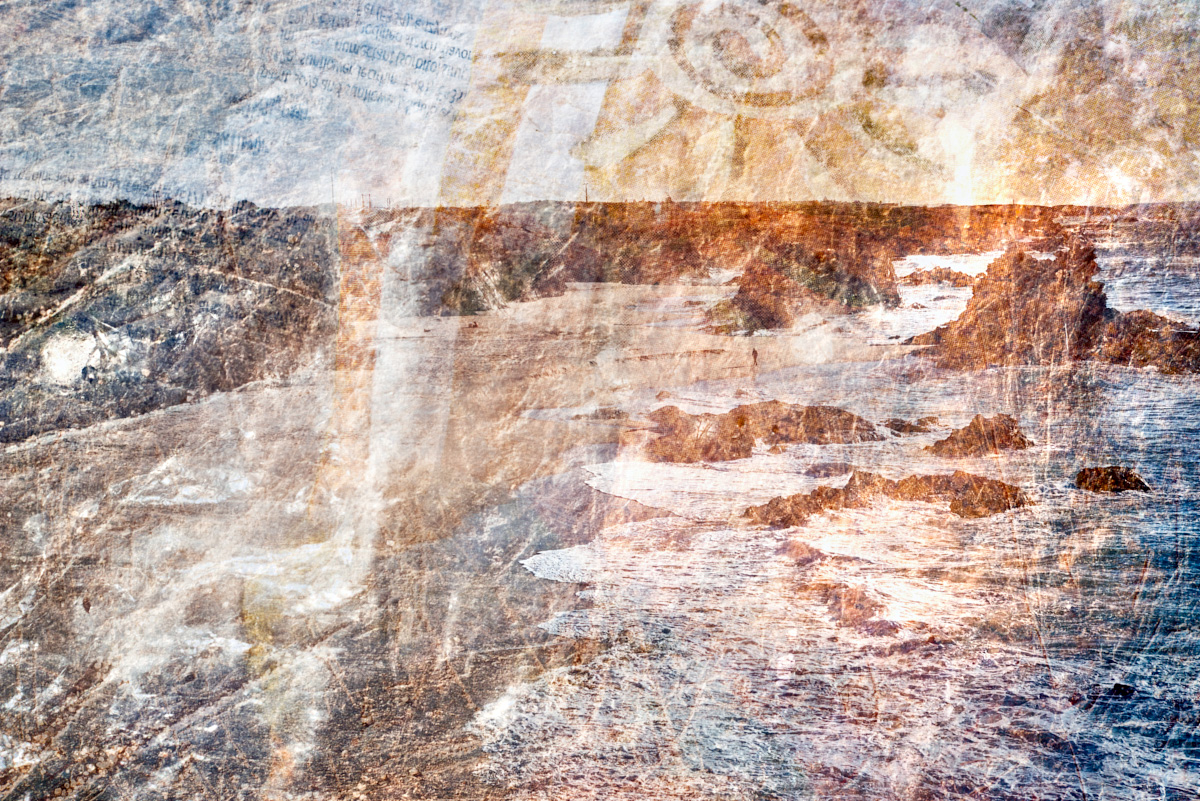 a multiple exposure fine art photo of a seascape and a a beach in Portugal taken trough some pieces pf plastic